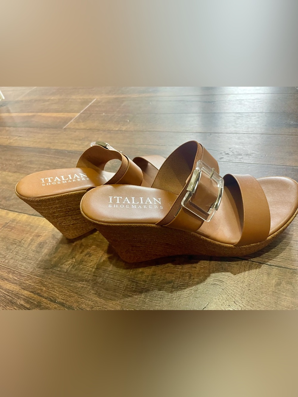 Italian Shoemakers Tan Leather Wedge Sandals with Clear Buckle - Picture 8 of 11